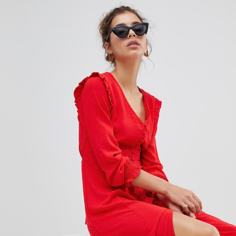 Button-Down Midi Frill Dress
